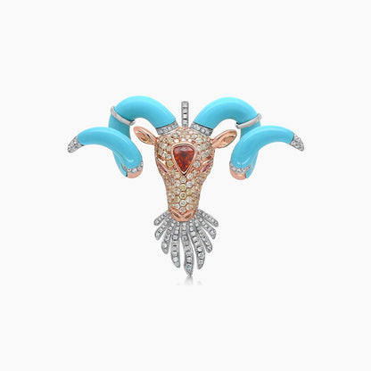 Taurus Bull Aries Ram Zodiac Diamond Pave & Turquoise 18K Gold Pendant