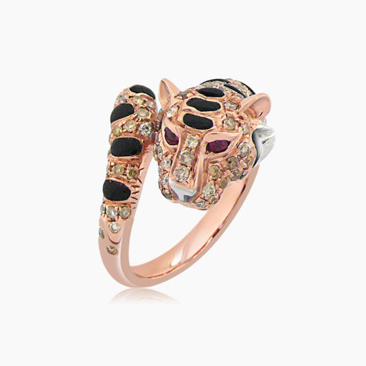 Tiger Fancy Diamond Onyx & Ruby 18K Rose Gold Panther Ring