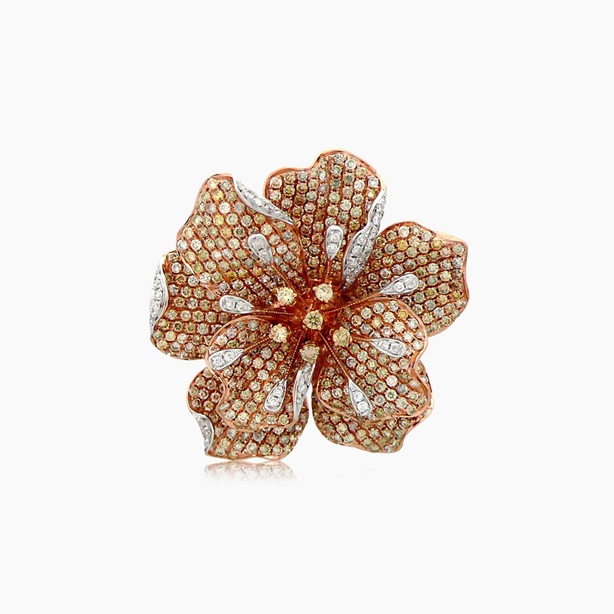 Fancy &amp; White Diamond Pave Set Lilly Flower Floral 18K Rose Gold Ring