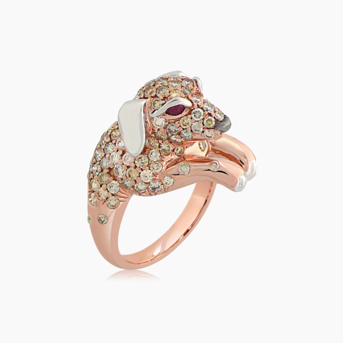 puppy dog fancy pave diamond ruby 18k rose gold ring