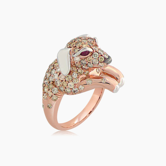 Puppy Dog Fancy Pave Diamond Ruby 18K Rose Gold Ring