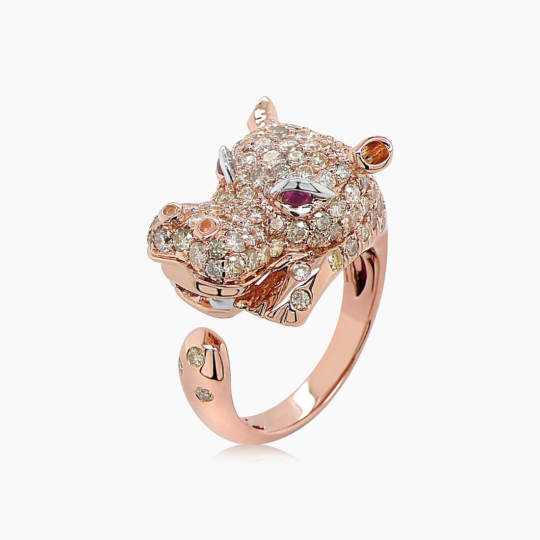 Hippo Red Pink Ruby &amp; Diamond Pave 18K Rose Gold Animal Ring