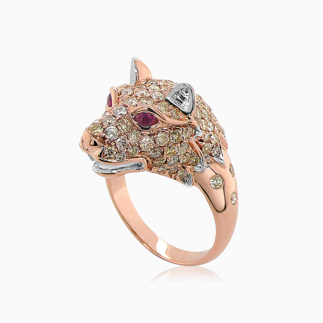 Dog Puppy Wolf Diamond Pave & Ruby 18K Rose & White Gold Animal Ring