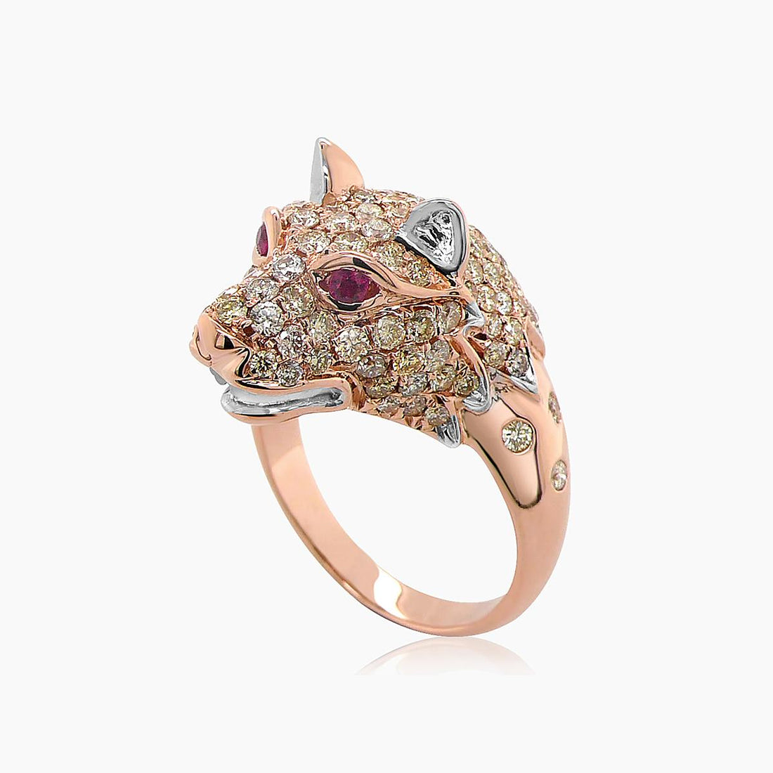 Dog Puppy Wolf Diamond Pave &amp; Ruby 18K Rose &amp; White Gold Animal Ring