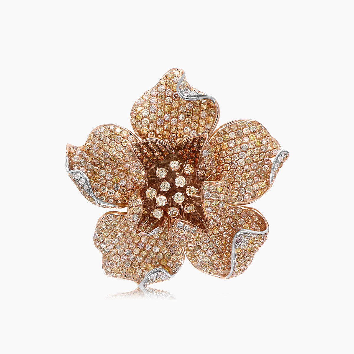 Fancy &amp; White Diamond Pave Set Lilly Flower Floral 18K Rose Gold Ring