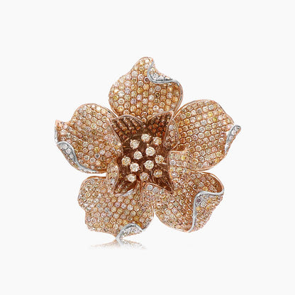 Fancy & White Diamond Pave Set Lilly Flower Floral 18K Rose Gold Ring
