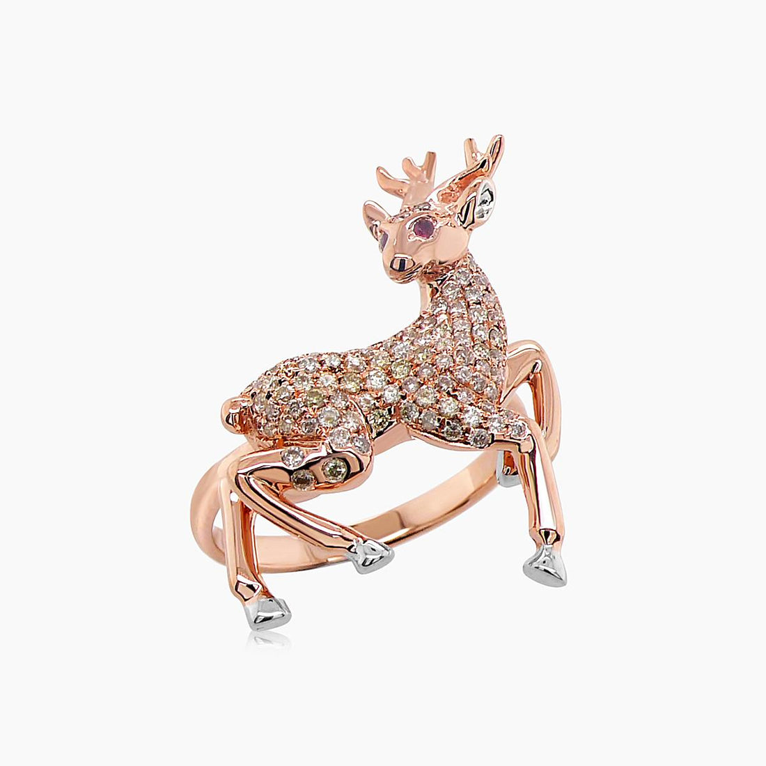 Deer Diamond Pave &amp; Ruby 18K Rose &amp; White Gold Animal Ring