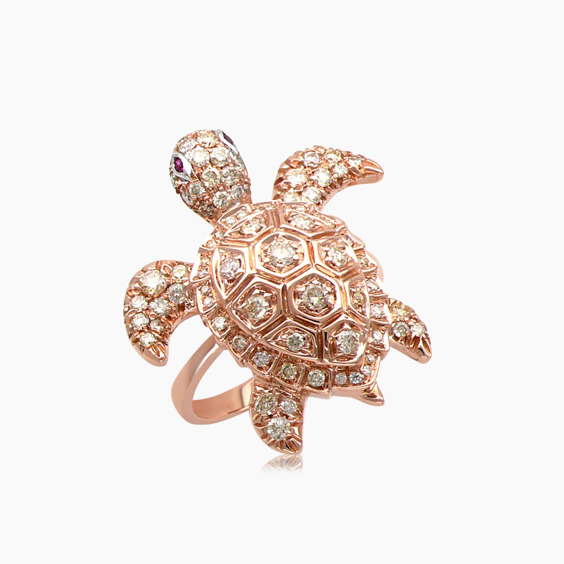 Turtle Fancy Diamond Ruby 18K Rose Gold Animal Ring