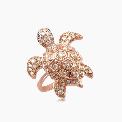 Turtle Fancy Diamond Ruby 18K Rose Gold Animal Ring