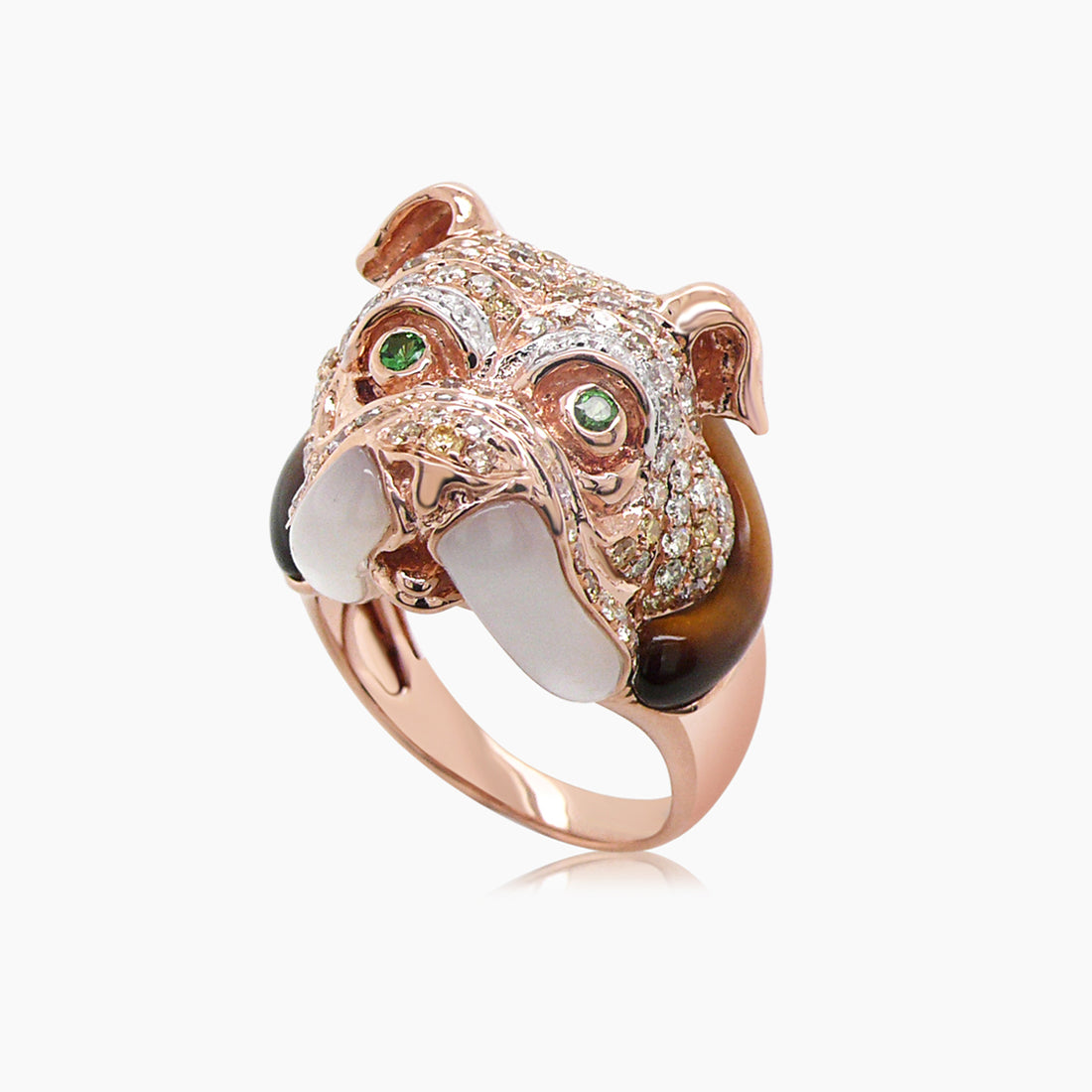 Diamond Pave & White Mother of Pearl Bulldog Puppy 18K Rose Gold Animal Ring