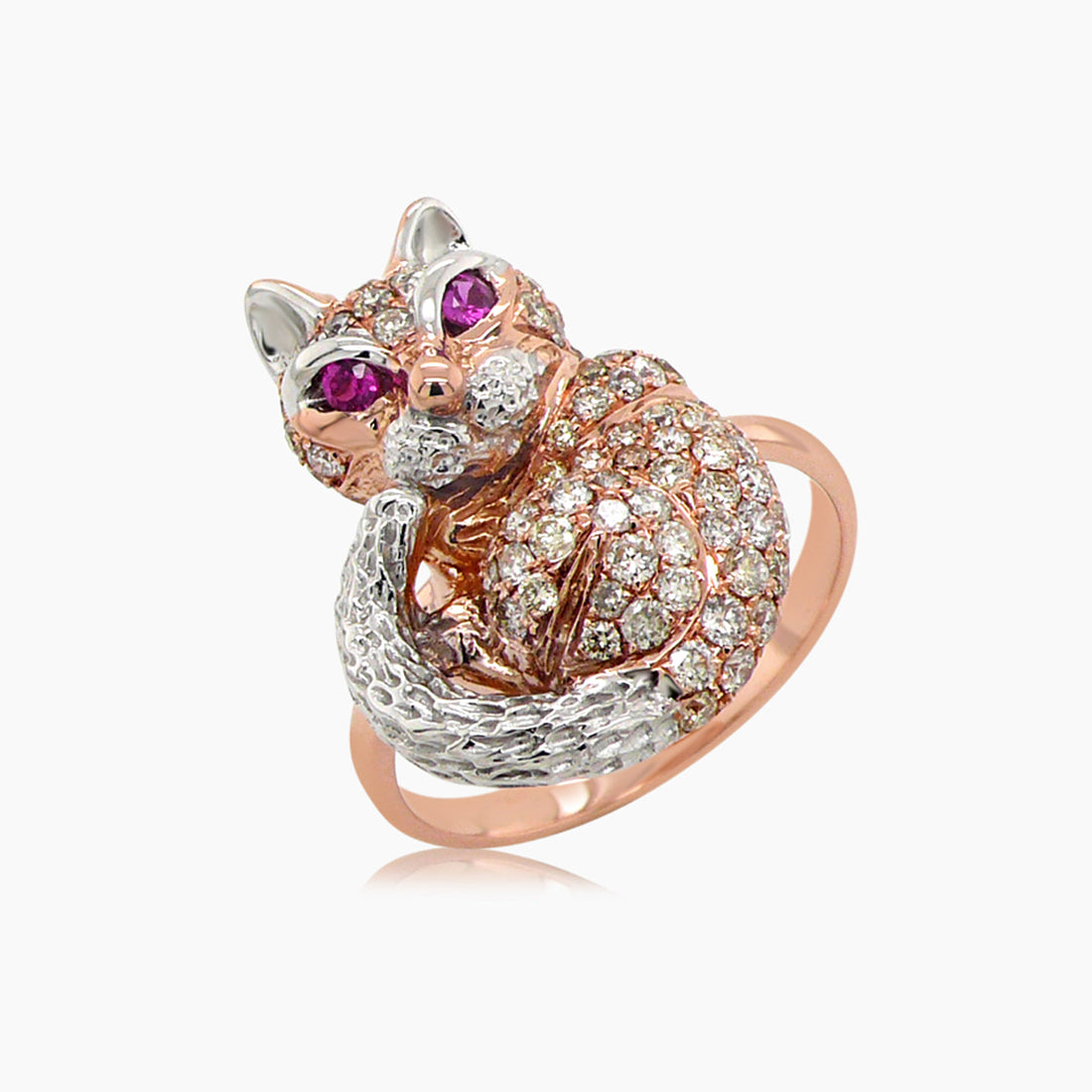 Cat Kitten Ruby & Diamond Pave 18K Rose & White Gold Animal Ring