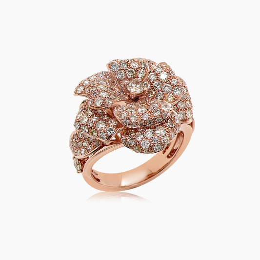 Fancy & White Diamond Pave Set Lilly Flower Floral 18K Rose Gold Ring