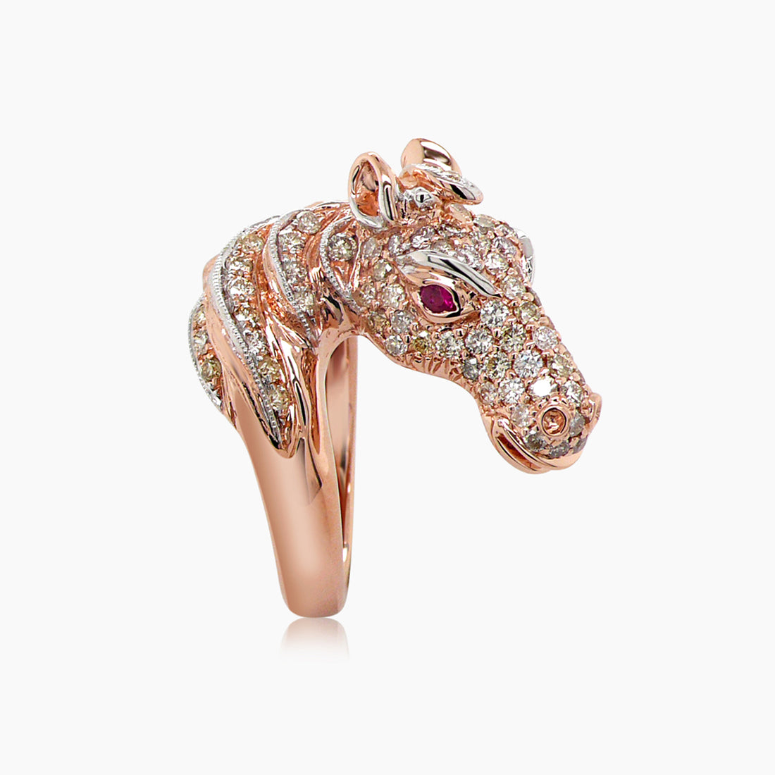 Horse Stallion Pony Diamond Pave & Ruby 18K Rose Gold Ring