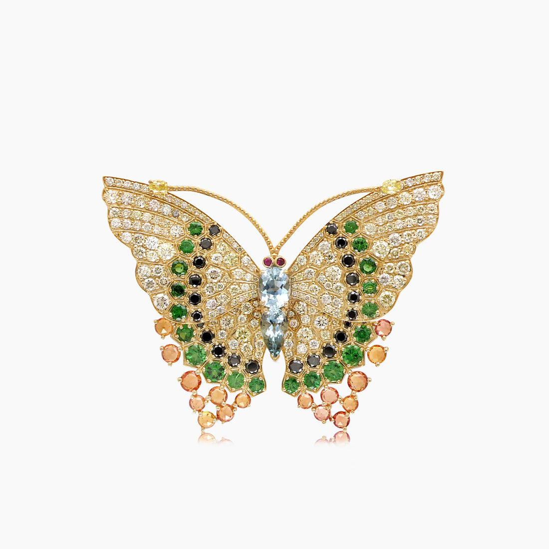 Aquamarine & Green Garnet & Sapphire & Diamond Pave Butterfly Yellow Gold Ring
