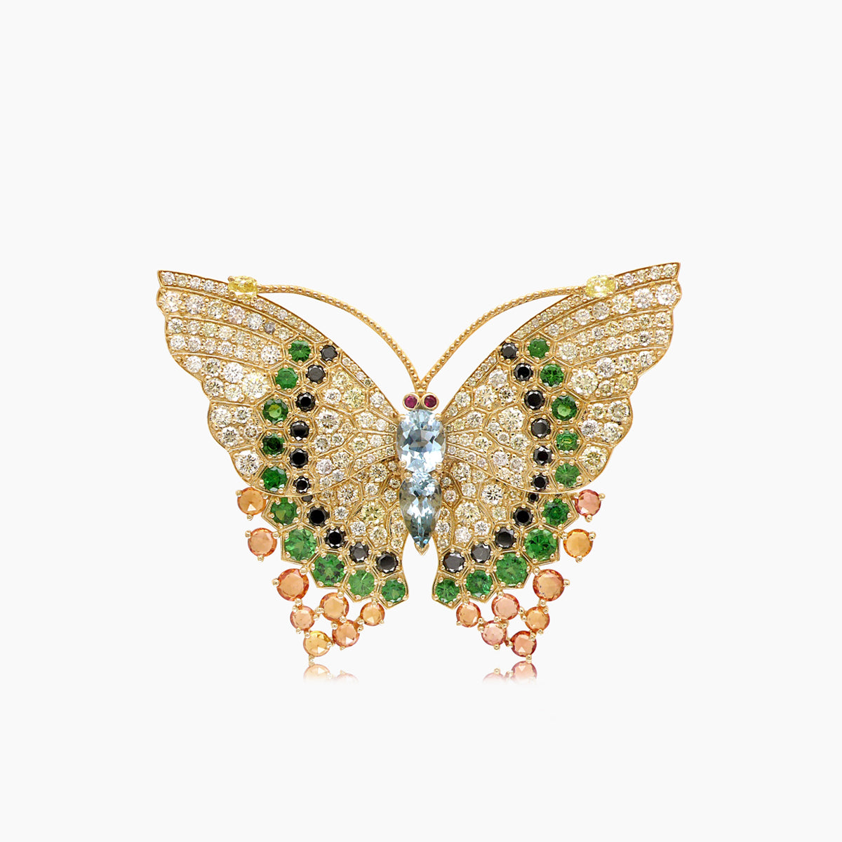 aquamarine & green garnet & sapphire & diamond pave butterfly yellow gold ring
