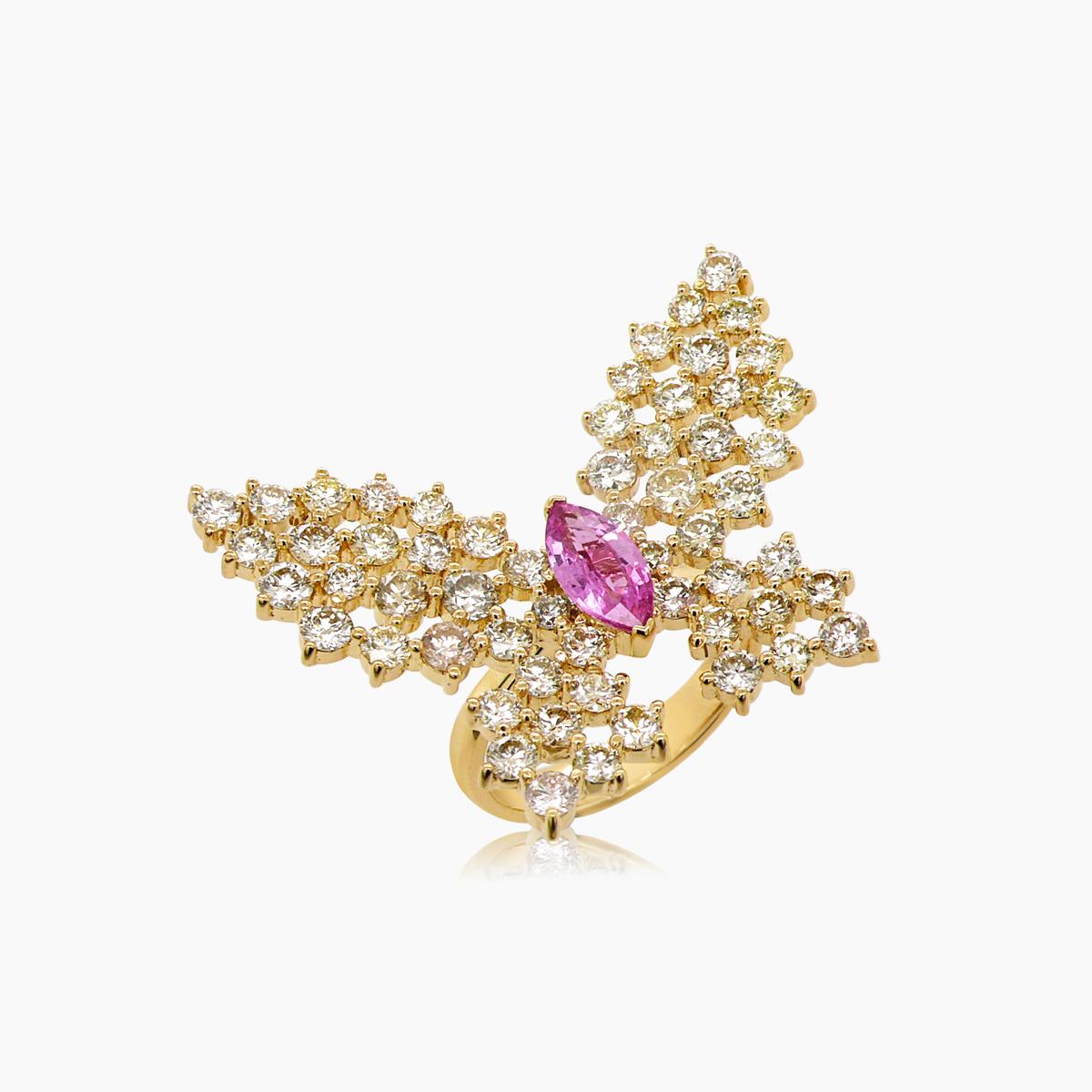 Marquise Shape Pink Sapphire &amp; Diamonds Butterfly Sweet 18K Yellow Gold Ring