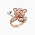 Fancy Diamond & Ruby 18K Rose Gold Teddy Bear Ring