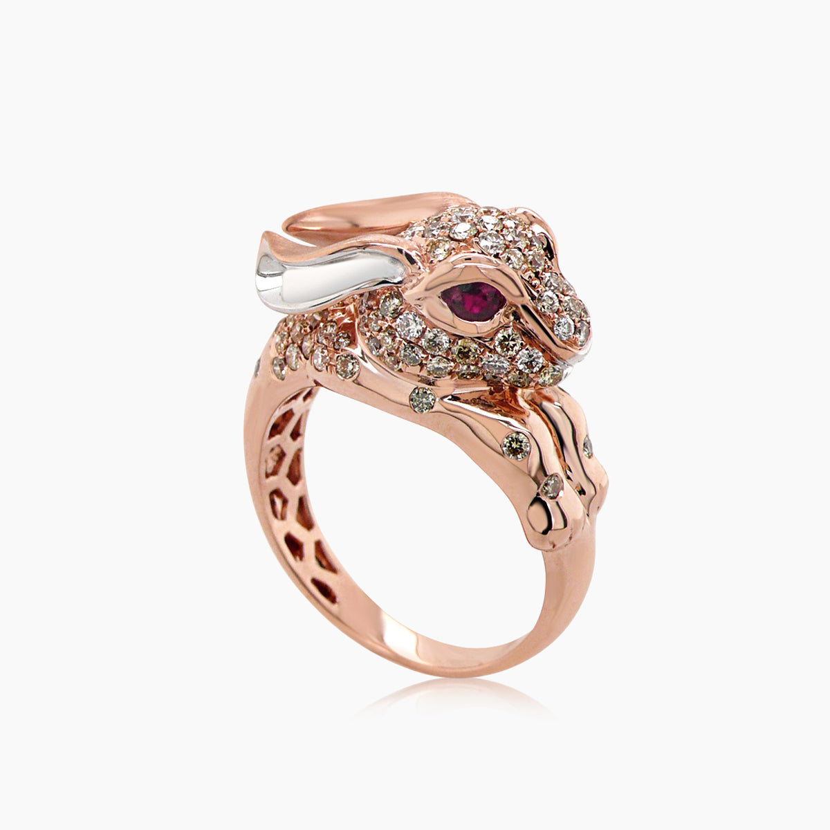 rabbit bunny fancy diamond ruby 18k rose gold ethnic style animal ring