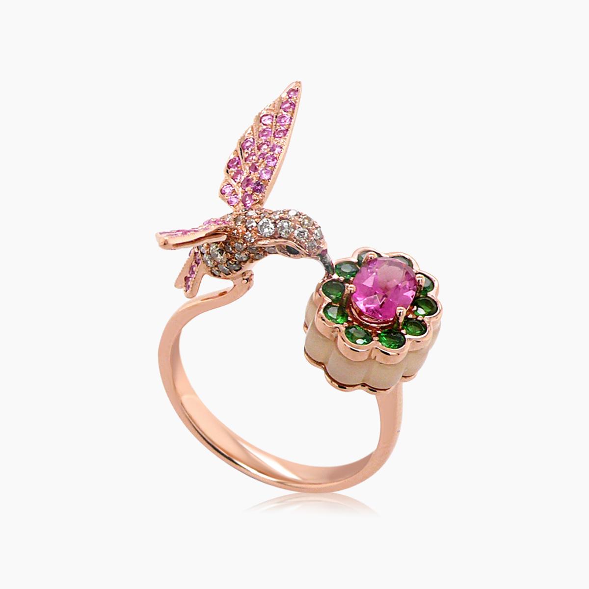 pink sapphire & tourmaline & diamond pave hummingbird 18k rose gold ring