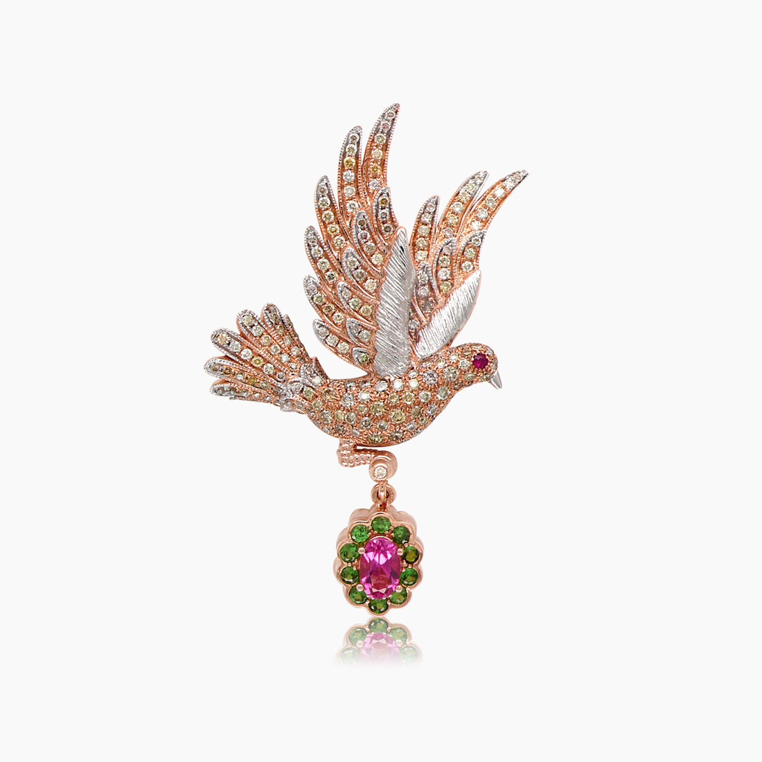Dove Bird Multi Gemstone &amp; Diamond 18K Rose Gold Pin Brooch
