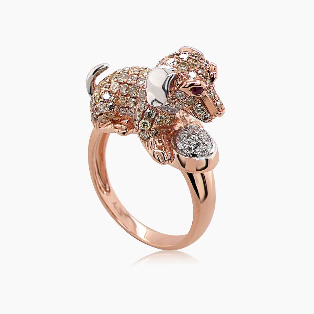 Dog Puppy Diamond Pave & Ruby 18K Rose & White Gold Animal Ring