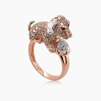 Dog Puppy Diamond Pave &amp; Ruby 18K Rose &amp; White Gold Animal Ring