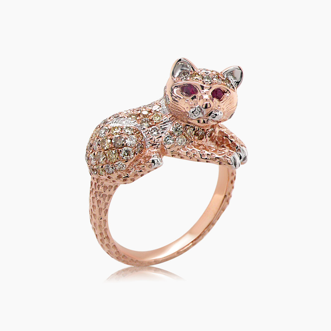 Cat Kitten Ruby & Diamond Pave 18K Rose & White Gold Animal Ring