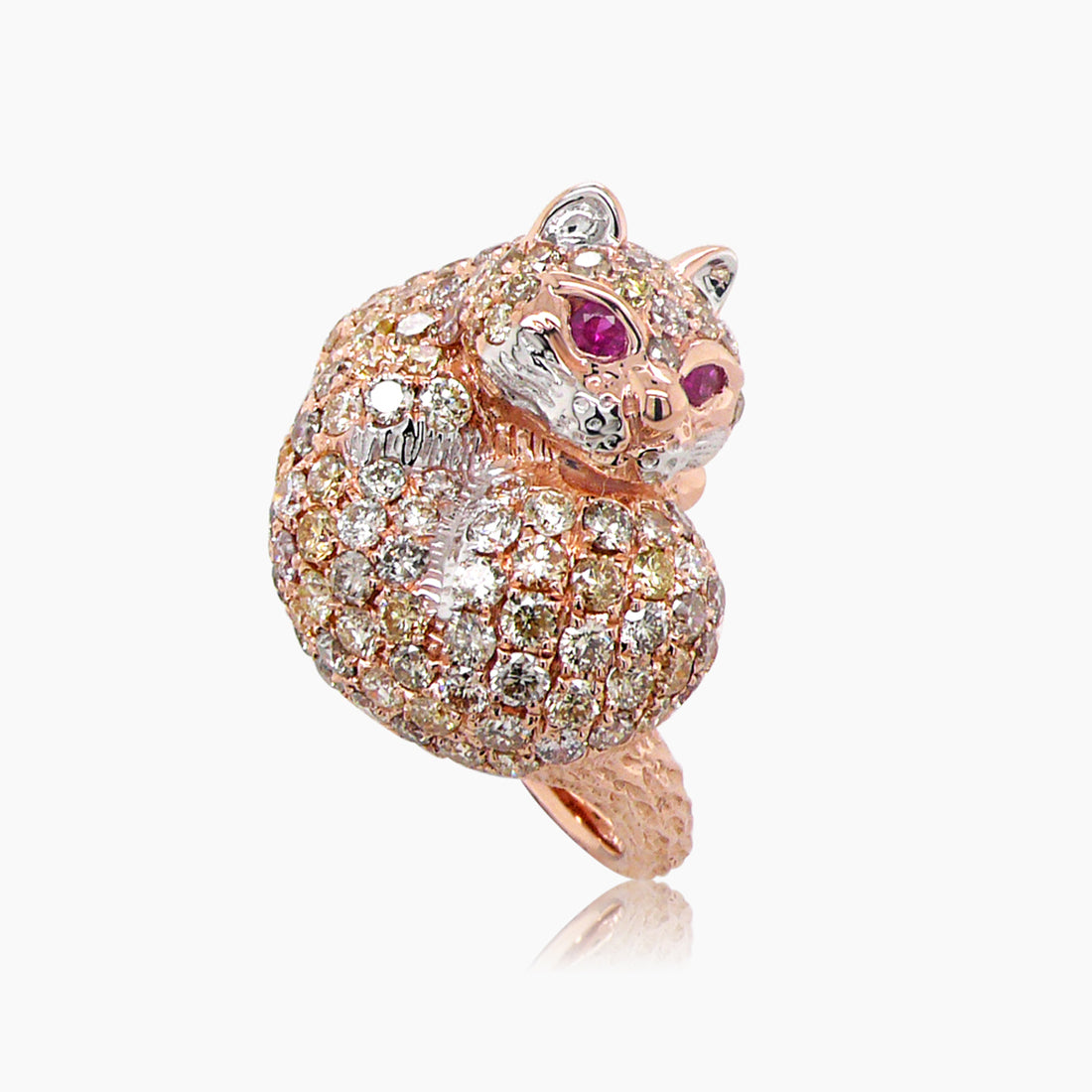 Cat Kitten Ruby & Diamond Pave 18K Rose & White Gold Animal Ring