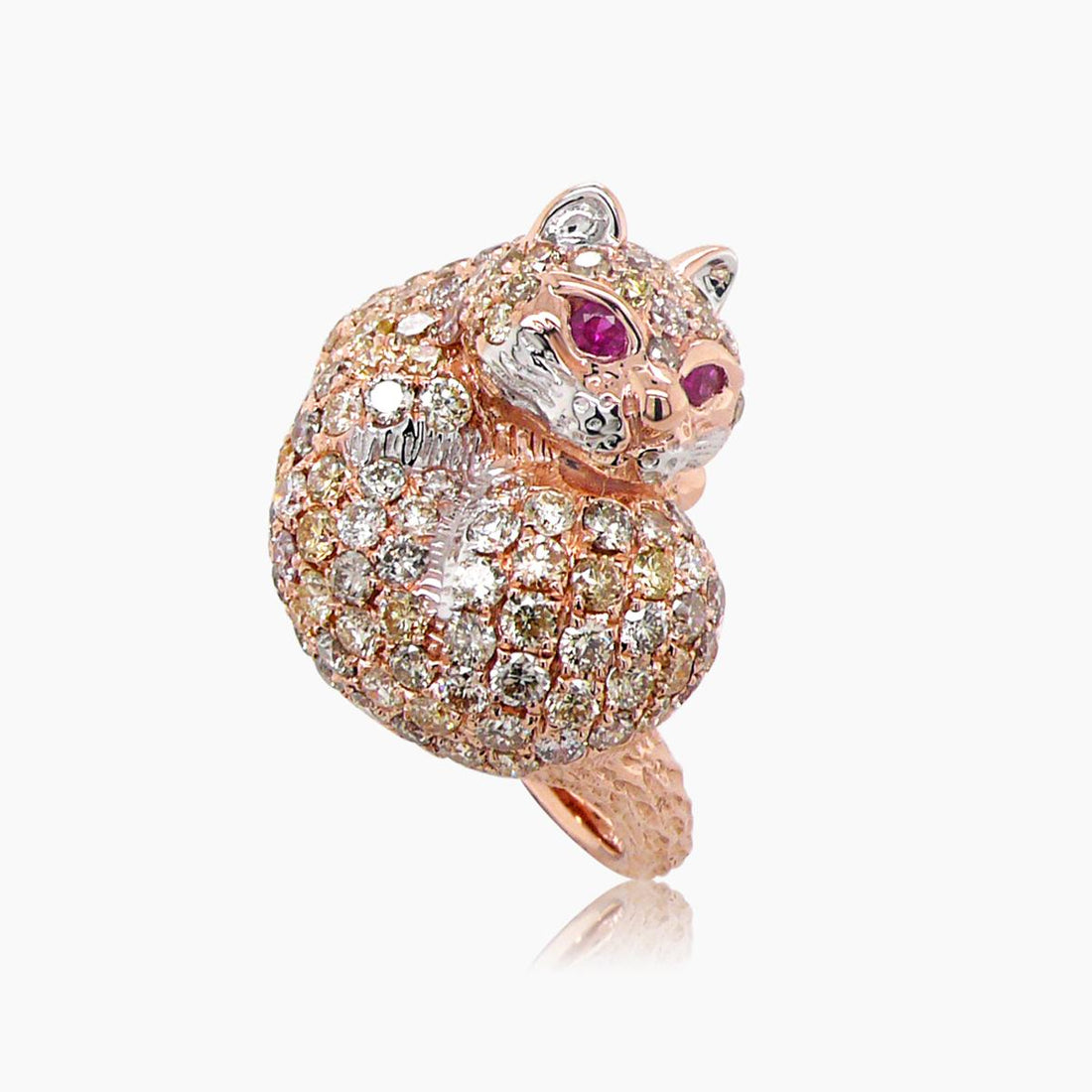 Cat Kitten Ruby &amp; Diamond Pave 18K Rose &amp; White Gold Animal Ring