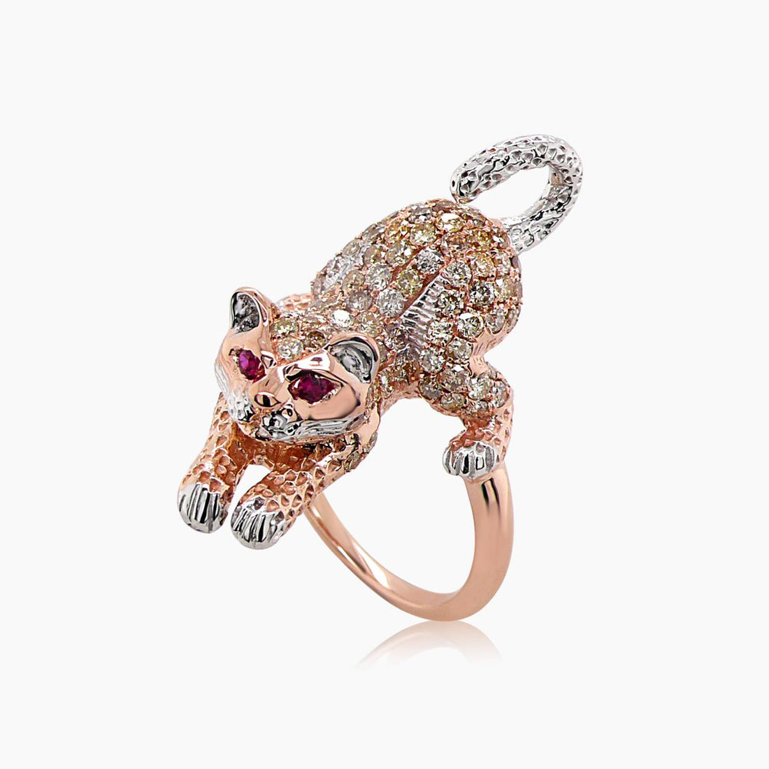 Cat Kitten Ruby &amp; Diamond Pave 18K Rose &amp; White Gold Animal Ring