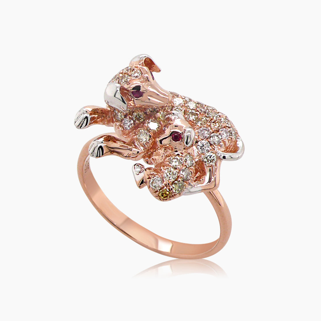 Dog Puppy Daschound Fancy Diamond & Ruby 18K Rose Gold Animal Ring