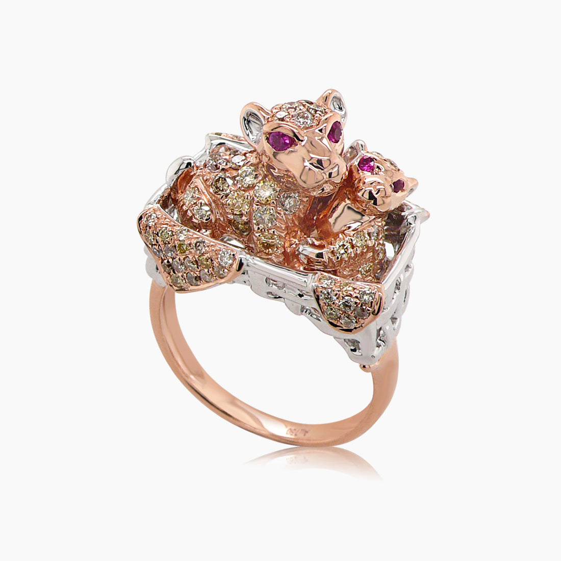 Leopards Lions Cat Kitten Cubs Fancy Diamond Ruby 18K Rose Gold Animal Ring