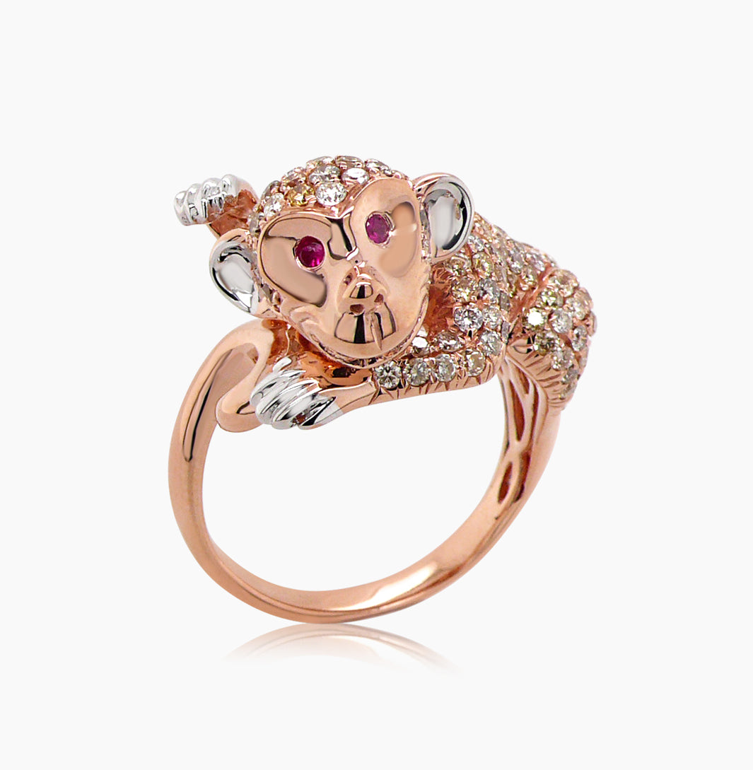 Monkey Fancy Diamond Ruby 18K Rose Gold Ring