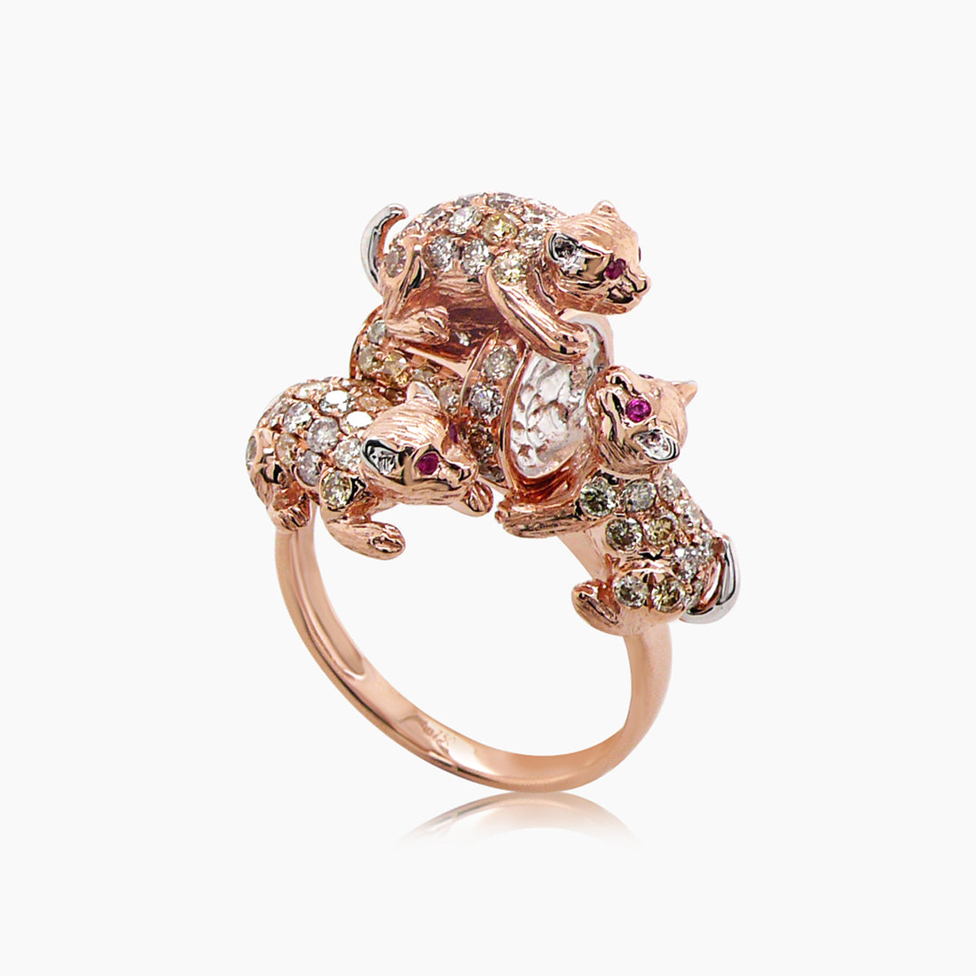 Cat Kittens Ruby & Diamond Pave & Pearl 18K Rose & White Gold Animal Ring