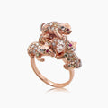 Cat Kittens Ruby & Diamond Pave & Pearl 18K Rose & White Gold Animal Ring