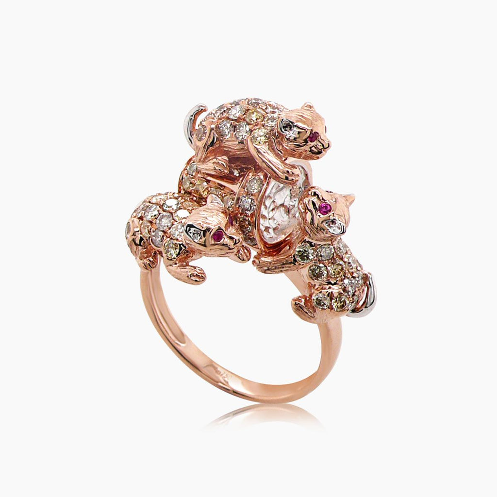 Cat Kittens Ruby & Diamond Pave & Pearl 18K Rose & White Gold Animal Ring