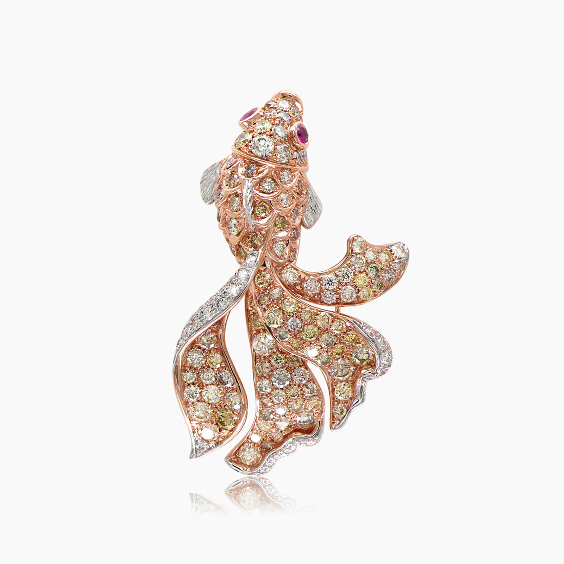 Sea Fish White & Yellow Diamond Pave & Ruby 18K Rose Gold Animal Ring