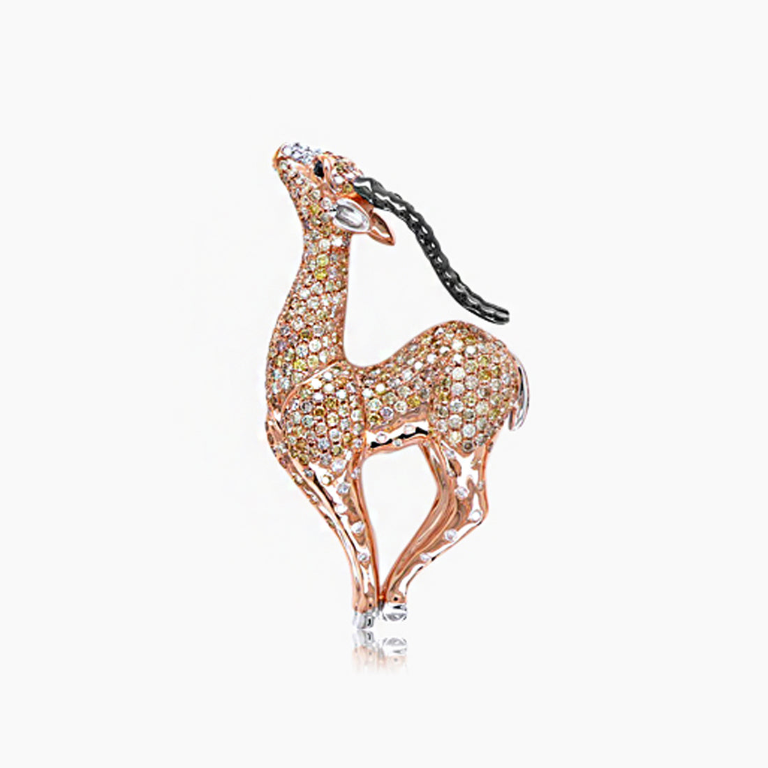 Black White Diamond Pave &amp; Antelope Deer 18K Rose Gold Statement Animal Ring