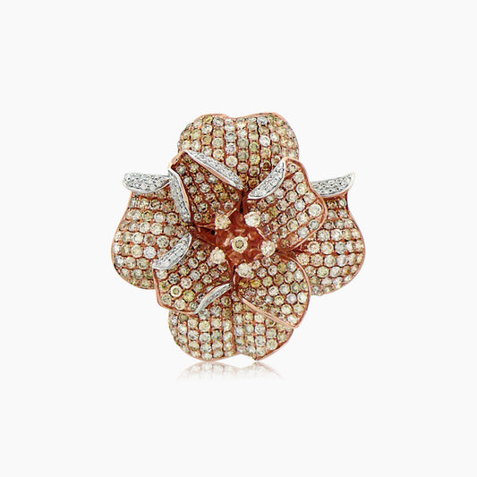 Fancy & White Diamond Pave Set Lilly Flower Floral 18K Rose Gold Ring