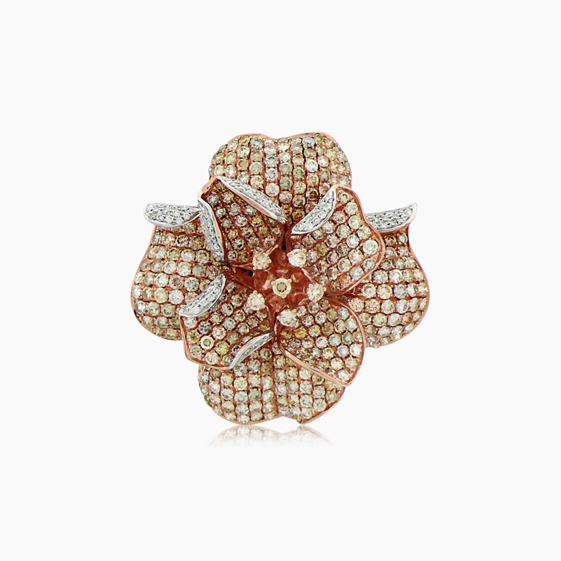 Fancy &amp; White Diamond Pave Set Lilly Flower Floral 18K Rose Gold Ring