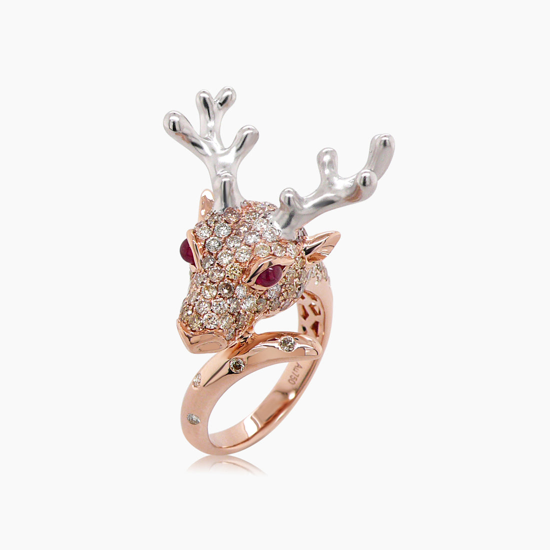 Deer Diamond Pave & Ruby 18K Rose & White Gold Animal Ring