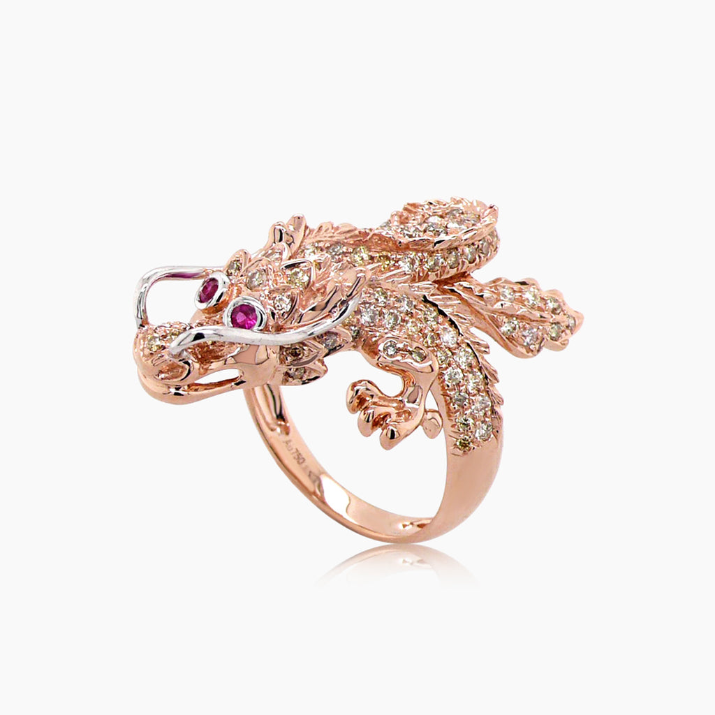Fantasy Dragon Diamond Pave & Ruby 18K раушан алтыннан жасалған жануарларға арналған сақина