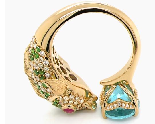 koi fish blue apatite & ruby & fancy diamond & green garnet 18k yellow gold ring