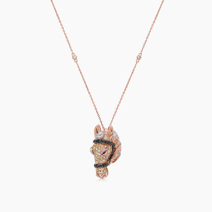 Horse Stallion Pony Diamond Pave Ruby 18K Rose & White Gold Pendant Necklace