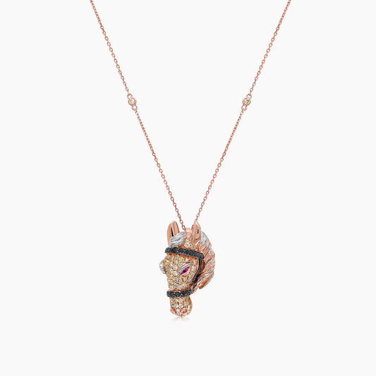 Horse Stallion Pony Diamond Pave Ruby 18K Rose & White Gold Pendant Necklace