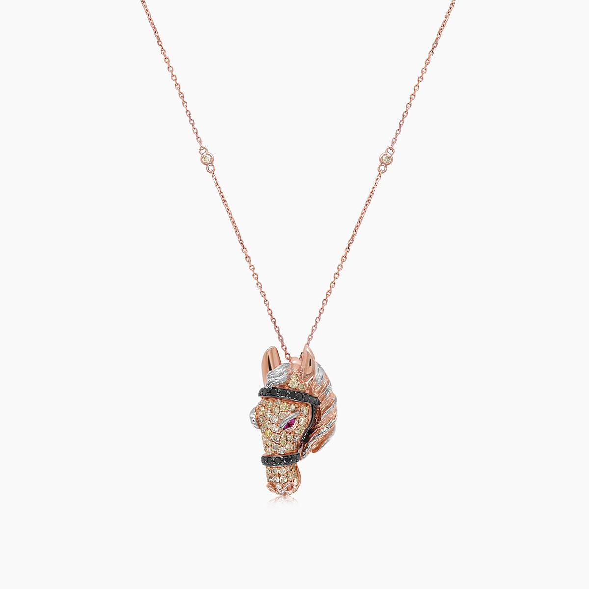 horse stallion pony diamond pave ruby 18k rose & white gold pendant necklace