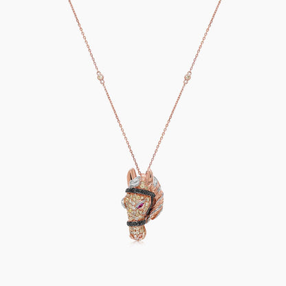 Horse Stallion Pony Diamond Pave Ruby 18K Rose & White Gold Pendant Necklace