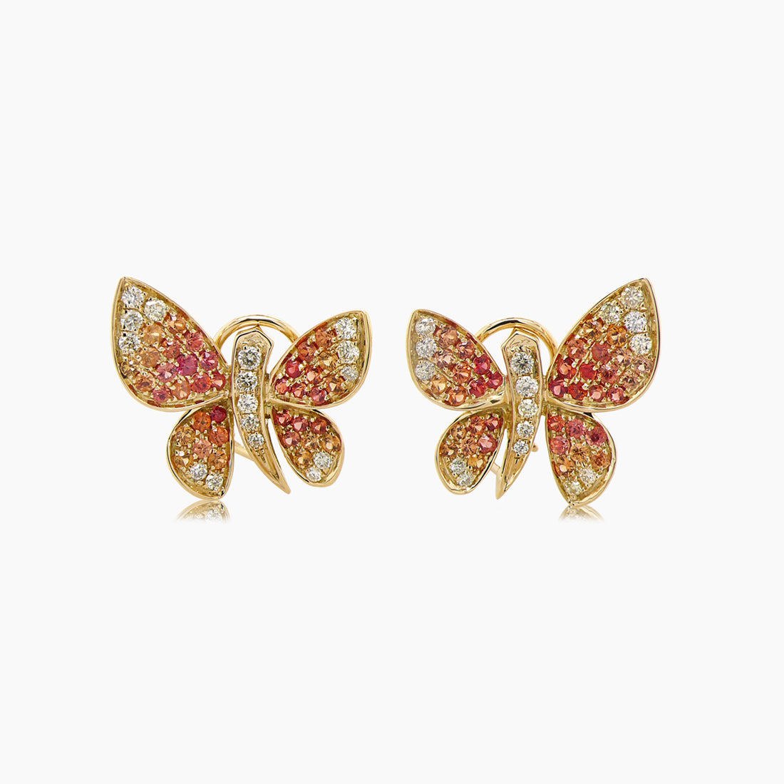 Orange Yellow Sapphire & Diamonds Butterfly Sweet 18K Yellow Gold Clip Earrings
