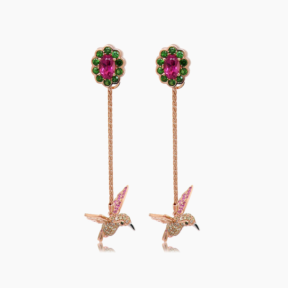Tourmaline & Multicolor Gemstone & Diamond Pave Hummingbird Rose Gold Earrings