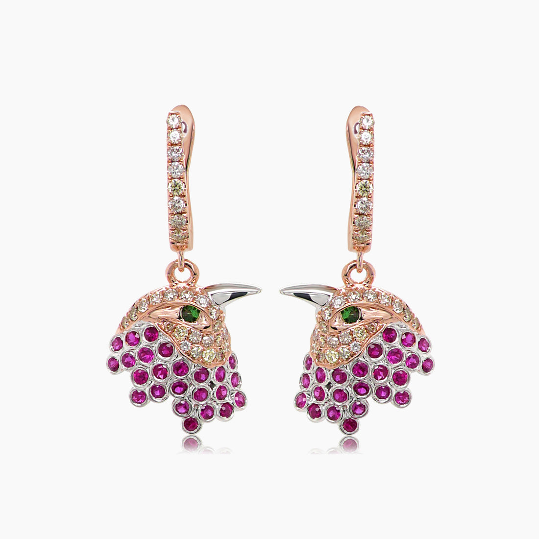 Eagle Bird Diamonds Pave & Ruby & Green Garnet 18K Rose Gold Earrings